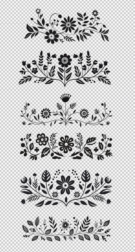 Midsummer Boho Floral Clipart, Norwegian Botanical Folk Art, Wild Flower Premade DIY Wedding Clipart, Scandinavian Black Floral Border Set - Etsy Folk Border Design, Scandinavian Flower Design, Scandinavian Folk Art Border, Norwegian Folklore Art, Scandinavian Folk Art Tattoo For Women, Norwegian Patterns Folk Art, Scandinavian Folk Tattoo, Folk Art Border Design, Folk Art Border