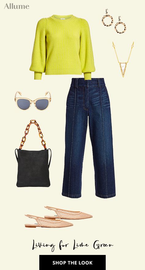 Lime Green Jumper Outfit, Lime Green Tshirt Outfit Woman, Bright Outfit Ideas For Women, Lime Green Shirt Outfit With Jeans, Lime Green Colour Combination Outfit, Lime Outfit Color Combinations, Lime Green Aesthetic Outfit, Bright Green Sweater Outfit, Chartreuse Sweater Outfit