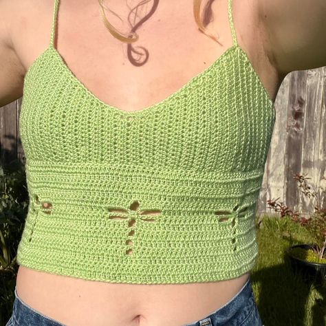 Look what I just found on Depop 🙌 https://depop.app.link/XYtG1XtX0rb Dragonfly Crochet Top, Grey Crochet Top, Dragonfly Crochet, Green Crochet Top, Crochet Halter Top, Crochet Ladies Tops, Cardigan Design, Green Dragonfly, Crochet Dragon