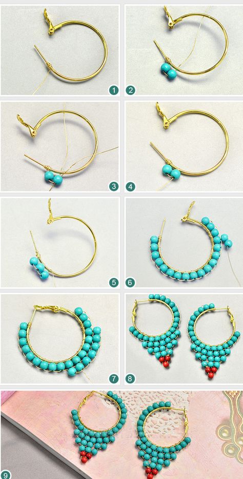 #Beebeecraft #Ideas on Making a Pair of #Turquoise #Earrings Anting Manik, Wire Earrings Handmade, Diy Wire Earrings, Stud Earrings Unique, Beaded Earrings Diy, Earring Tutorial, Homemade Jewelry, Handmade Wire Jewelry, Beaded Jewelry Patterns