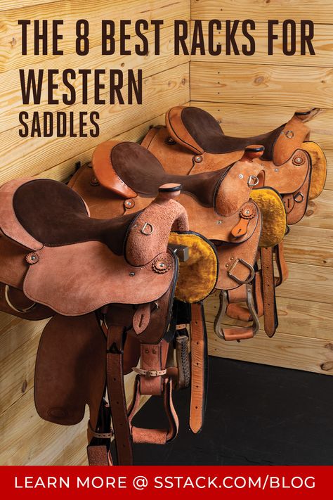 Western saddles, known for their significant weight and unique shape, require sturdy and well-designed racks to accommodate their size and maintain their form. Saddle Rack Ideas Diy, Western Saddle Pad Storage, Western Saddle Rack, Saddle Rack Ideas, Western Tack Room, Horse Blanket Rack, Saddle Storage, Saddle Racks, Saddle Stand