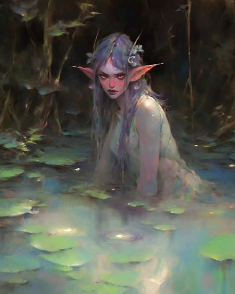 Seelie Fae Art, Evil Fairy Character Design, River Nymph Aesthetic, Nyphm Fairy, Dryad Illustration, Water Fae Aesthetic, Dark Fairy Character Design, Nymph Art Character Design, Forest Fairy Painting