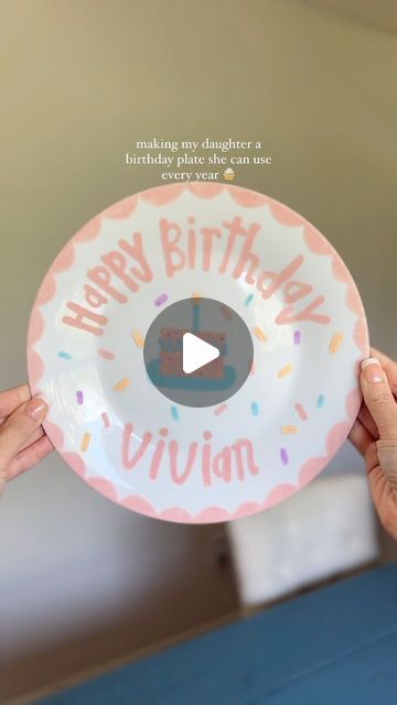 Nattie Jo Powell on Instagram: "Comment “PLATE” to get all the items we used to make Vivi’s diy birthday plate sent to your inbox🫶🏼🧁 (make sure you’re following before commenting bc the 🔗 may not send) This was a special birthday tradition that I knew we had to start this year🥹   #birthdayplate #birthdaytradition #familytradition #birthdaybreakfast #specialbirthday #firstbirthday #2ndbirthday #toddlerbirthday #diybirthdayplate #craftymom #craftymomsoftiktok #diymom #diybirthday #momlife" 1st Birthday Plate Diy, Kids Birthday Plate Diy, Diy Happy Birthday Plate, Ceramic Birthday Plate Diy, Homemade Birthday Plate, How To Paint A Plate, Birthday Plate Ideas Girl, Birthday Plate Girl, Painted Platter Ideas