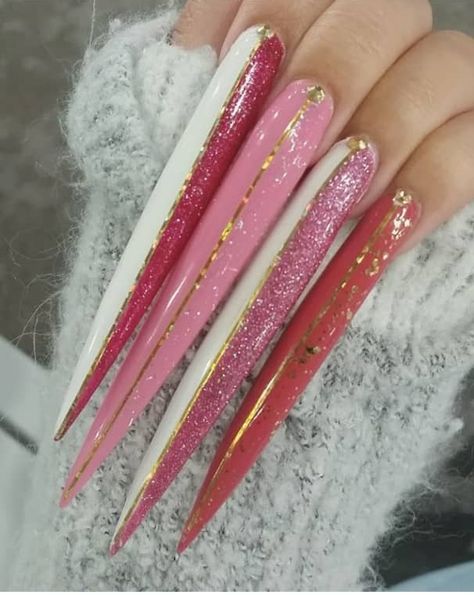 Longest Nails Acrylic, Long Nail Designs Pink Glitter, Extra Extra Long Nails, Extra Long Nail Designs, Extremely Long Nails, Pink Stiletto Valentines Nails, Very Long Nails, Super Long Nails, Extra Long Acrylic Nails