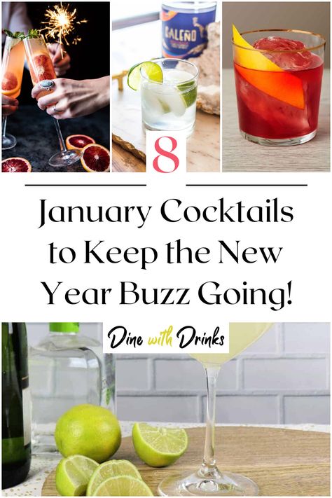 Collage of 4 january cocktails. January Drink Specials, Fun Cocktail Recipes Winter, Drinks For January, January Cocktails Recipe, Fun Winter Cocktails, January Cocktails, January Drinks, Winter Vodka Cocktails, Easy Winter Cocktails