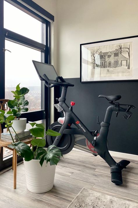 DARK HALF In her Washington, D.C., apartment, Liz Malm ’hid’ her bike with a band... Peloton Room Ideas, Peloton Room, Small Home Gym Ideas, Small Home Gym, Workout Room Home, Peloton Bike, Gym Room At Home, Interior Design Plan, Gym At Home