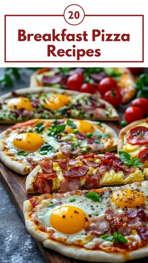 A variety of breakfast pizzas with toppings like eggs, cheese, bacon, vegetables, and fruits, perfect for starting your day with a delicious meal. Pita Bread Breakfast Pizza, Bacon And Egg Breakfast Pizza, Breakfast Pizza With Pizza Dough, Pizza Crust Breakfast Ideas, How To Make Breakfast Pizza, Make Ahead Breakfast Pizza, Lavash Bread Breakfast Pizza, Pizza Breakfast Recipes, Breakfast Pizza Ideas