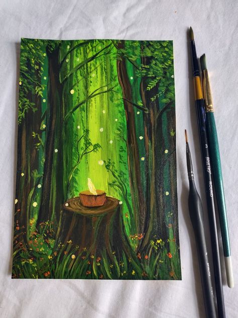 I was very afraid of starting this painting as I am not very much into acrylics but I love how it has turned out😄😄 Tela, Enchanted Painting Ideas, Enchanted Painting, Enchanted Forest Painting, Forest Drawing, Mystical Forest, Forest Painting, Forest Art, Magical Forest