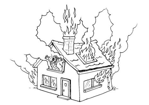 Coloring page house on fire Building On Fire, House On Fire, Burning House, Fire Drawing, House Colouring Pages, Dog Coloring Page, Fire Brigade, Home Tattoo, Printable Books