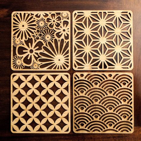 Laser Cut Japanese Pattern Coasters by NilsDougan - Thingiverse Laser Cut Coaster, Laser Cut Designs, Laser Cut Decor, Laser Cut Stencils, Laser Cut Panels, Laser Cut Wood Crafts, Laser Engraved Ideas, Laser Cut Patterns, Laser Art