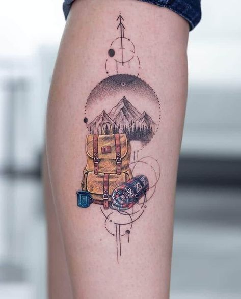 Alaska Tattoo Ideas Mountain, Camera Mountain Tattoo, Backpacker Tattoo Ideas, Backpack Tattoo Ideas, Backpacking Tattoo Ideas, Men’s Outdoor Tattoos, Backpack Tattoo Travel, Travel Tattoo Minimalist, Backpacker Tattoo