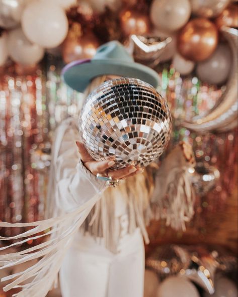 Space Cowgirl 30th Birthday, Cowboy Glam Party, Glam Bachelorette Theme, Rodeo Disco Party, Disco Cowgirl Bachelorette Decor, Disco Western Party, Country Disco Party, Disco Cowboy Theme, Disco Cowgirl Photoshoot