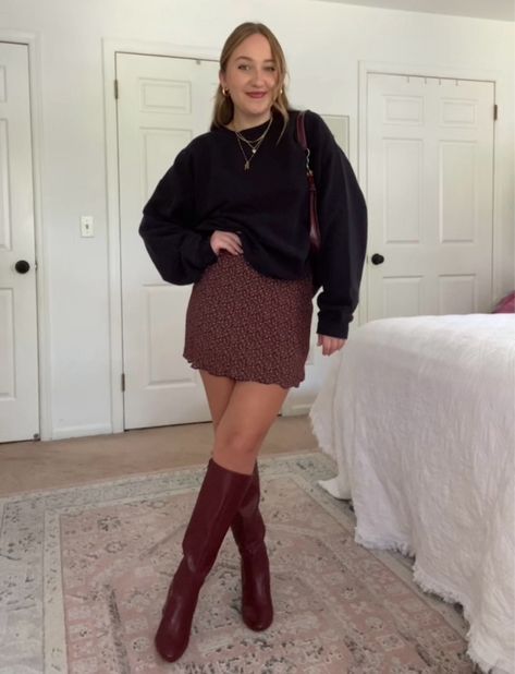 Heeled Tall Boots curated on LTK Red Brown Boots Outfit, Burgundy Tall Boots Outfit, Maroon Knee High Boots Outfit, Wine Tour Outfit Winter, Red Boot Outfit Ideas, Burgundy Purse Outfit, Maroon Boots Outfit, Burgundy Skirt Outfit Fall, Tall Boots Outfit Fall Styles