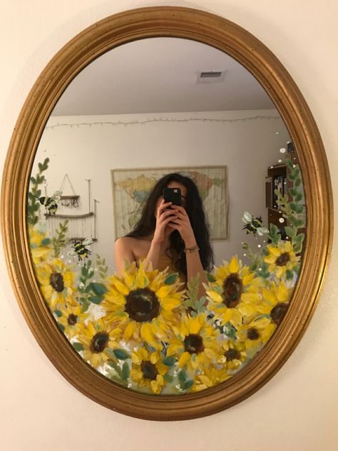 grab some acrylic paint and do something fun to your mirror!! 🌻 follow my art account @thavydoesart on Instagram! Aesthetic Acrilyc Painting, Mirror Painting Sunflower, Mirror Painting Ideas, Sunflower Mirror, Gambar Figur, Mirror Painting, Simple Acrylic Paintings, Lukisan Cat Air, Aesthetic Painting