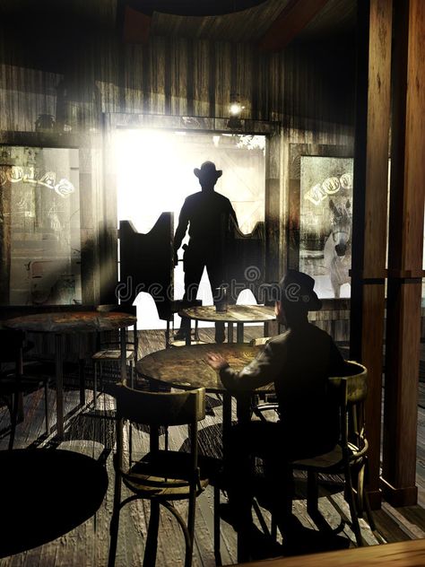 Illustration about Interior view of a western saloon, with several tables. A man is entering in the saloon and is facing another man sat at a table. Illustration of bottles, western, cards - 15047832 Cowboy Saloon Bar, Western Set Design, Western Saloon Interior, Saloon Aesthetic, Wild West Saloon, Western Cards, Cowboy Bar, Table Illustration, Old West Saloon