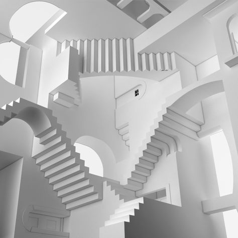 Escher / Relativity on Behance Escher Stairs Illustration, Escher Stairs Tattoo, Escher Architecture, Escherian Stairwell, Mc Escher Stairs, Esher Art, Human Figure Drawings, Mc Escher Relativity, Escher Relativity