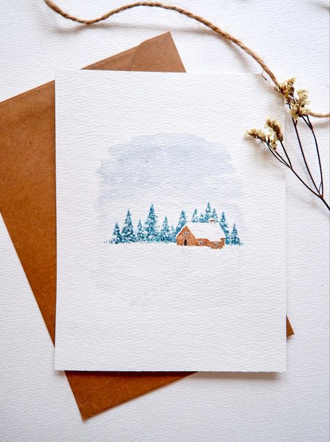 Winter Cabin Watercolor, Cabin Watercolor Painting, Winter Watercolor Simple, Christmas Illustration Watercolor, Cabin Illustration, Season Painting, Watercolor Art Diy, Creative Bookmarks, Winter Watercolor