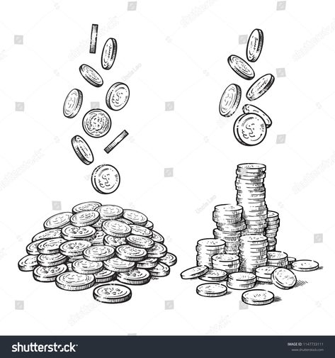 Sketch of falling coins in different positions, pile of cash, stack of money. Black and white finance, money set. Hand drawn collection isolated on white background. Vector illustration. #Ad , #ad, #stack#cash#Black#money Pile Of Money Drawing, How To Draw Money, Coins Drawing, Fortune Drawing, Money Black And White, Money Sketch, Coin Drawing, Cash Drawing, Fortune Illustration