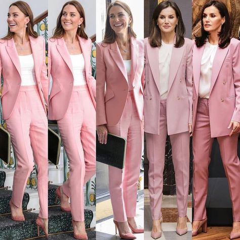 Dreamslink Joydaily on Instagram: "#fashion Catherine The Princess of Wales and Queen Letizia of Spain 🇪🇸 Looked Elegant in Pink Pantsuit. Catherine the Duchess of Cambridge in Alexander McQueen Ice Pink PantSuit with Emmy London Rebecca Makeup Suede Pumps. Queen Letizia Hugo Boss Jericoa Stretch Wool Double Breasted Blazer in Petal Pink and Hugo Boss Tiluna1 Stretch Wool Twill Cropped Trousers in Petal Pink with her Carolina Herrera White Cap Sleeve Silk Blouse and Hugo Boss Mayfair Pumps in Pink Pantsuit, Pink Pants Outfit, Hot Pant, Vogue Spain, Letizia Of Spain, Pant Suits, White Caps, Pink Coat, Pink Blazer