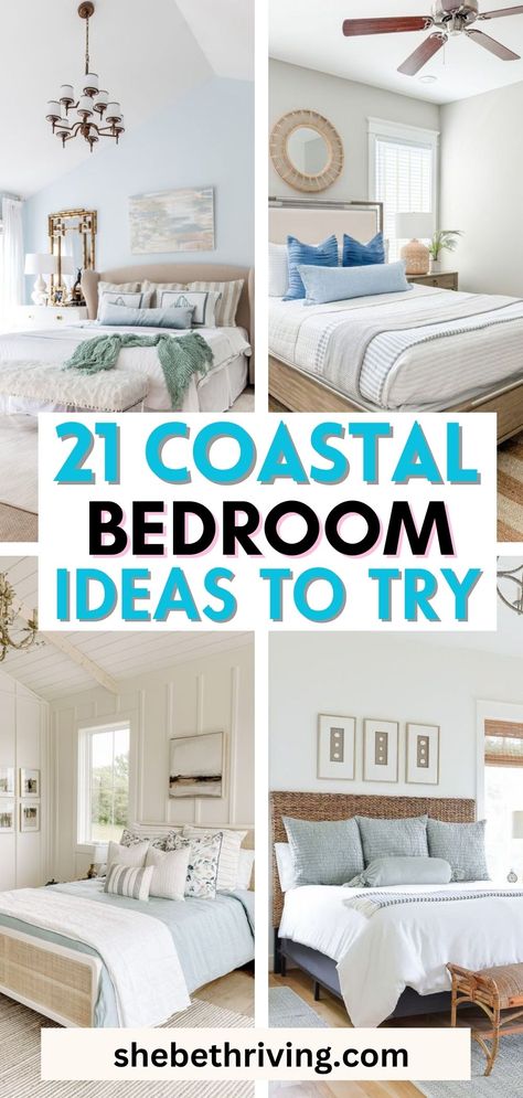 Coastal Bedroom Ideas Shore Bedroom Ideas, Beach Guest Room Ideas, Modern Coastal Bedding Ideas, Beachy Master Bedrooms Decor, Coastal Bedroom Color Palette, Modern Coastal Bedding, Coastal Twin Bedroom Ideas, Coastal Blue Bedroom Ideas, Beach Cottage Bedrooms Coastal Style