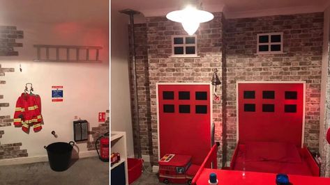 Mum creates amazing fire station bedroom for four-year-old son with a budget of under £100 Fireman Bedroom, Fireman Room, Firefighter Bedroom, Fire Truck Bedroom, Fire Truck Room, Firefighter Room, Batman Bedroom, Brick Effect Wallpaper, Truck Room