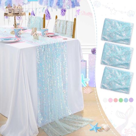 PRICES MAY VARY. Polyester Blue Table Runner Size: 3 pieces of 25 Inches width 120 Inches length(10FT long) sequin table runner. It is fits for 6-10 seats table,sparkle table runners that can meet your themed dining table decoration needs. Glitter Table Runner:The iridescent table runner is made of 5MM round sequins material with mesh fabric backing. Reliable and soft, not easy to fade, the sturdy construction makes the table runner of good durability, reusable. Wide Applications:Scales table ru Mermaid And Spiderman Party, Frozen Party Table Setup, Frozen 2 Themed Birthday Party, Frozen Table Decor, Frozen Party Activities For Kids, Frozen 3rd Birthday Party Decoration, Frozen 6th Birthday Party, Frozen Birthday Table Decorations, Frozen Themed Party Favors