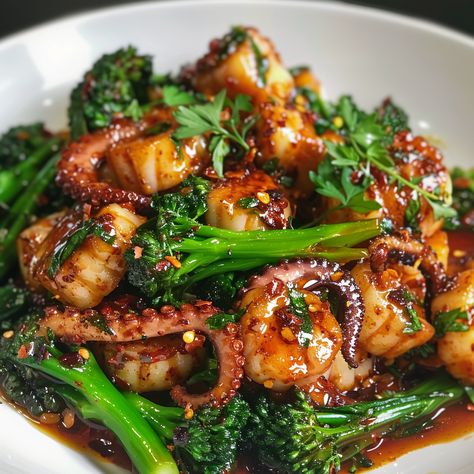 Citrus-Spiced Baby Octopus with Crunchy Broccolini Recipe Frozen Octopus Recipes Easy, Greek Seafood Dishes, Small Plate Food Ideas, Asian Octopus Recipes, Squid Tentacles Recipe, Seafood Bar Ideas, Octopus Dishes Recipes, Whole Octopus Recipes, Korean Octopus Recipes