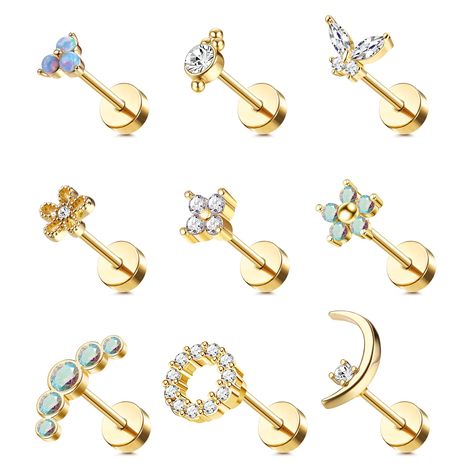 PRICES MAY VARY. 💕AFFORDABLE PIERCING SET🎀-One order includes 7 different styles of flat back cartilage stud earrings, Butterfly Earrings,Moon Earrings ,Climber Stud Earrings,Flower Tragus Earrings, Colorful CZ Stud Earrings,trio stud earrings,and Round Cartilage Earrings.choose these silver/ gold/ rose gold/ black 16g cartilage earrings to match various occasions.Minimalist look that fit your multiple piercings perfectly.Economical earring set for women. 💕HYPOALLERGENIC EARRINGS🎀- Made of 3 Earrings Pack, Butterfly Moon, Forward Helix Earrings, Climbing Earrings, Tragus Daith, Tragus Jewelry, Earrings Moon, Cartilage Earrings Stud, Daith Earrings