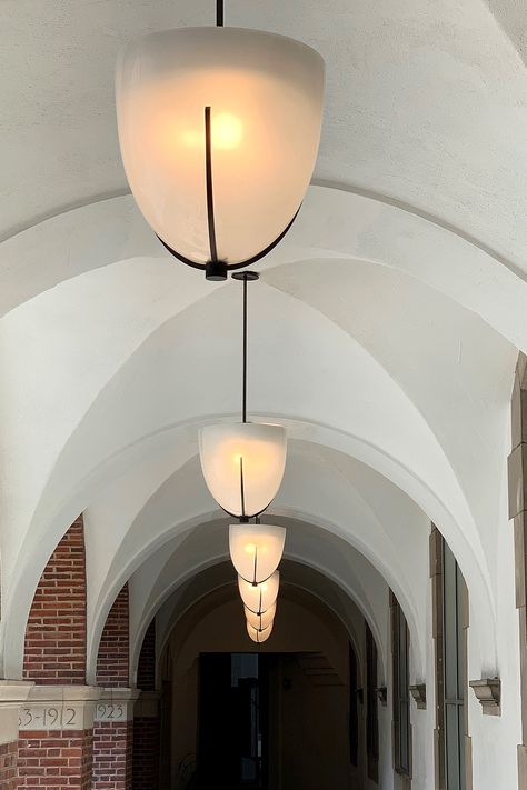 Loving the repetition of crisp, white arches and inverted, milky domes as you look down the hall of this recent custom project.    #remainslighting #customlighting #domependant #domelight #custommade #lighting #madeinnyc #lightingdesign #interiordesign Custom Light Fixtures, I Love Lamp, Fancy Houses, Lighting Design Interior, Dome Lighting, Pendant Lights & Chandeliers, Luxury Lighting, Lighting Inspiration, Custom Lighting