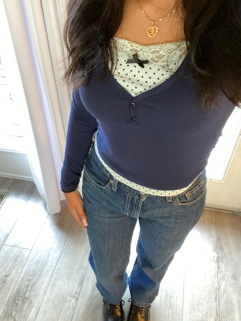 Lace top, bow top, coquette aesthetic, back to school outfits, college outfits, levis low pro, levis jeans, doc martens, cute outfit, heart necklace, navy blue top, outfit inspo, glow up inspo, clothing inspo, fall outfit Navy Blue Coquette Outfits, Navy Blue Fall Aesthetic, Navy Blue Top Outfit With Jeans, Low Pro Levis, Navy Blue Coquette, Navy Blue Top Outfit, Blue Coquette Outfit, Navy Top Outfit, Bunny Tongue