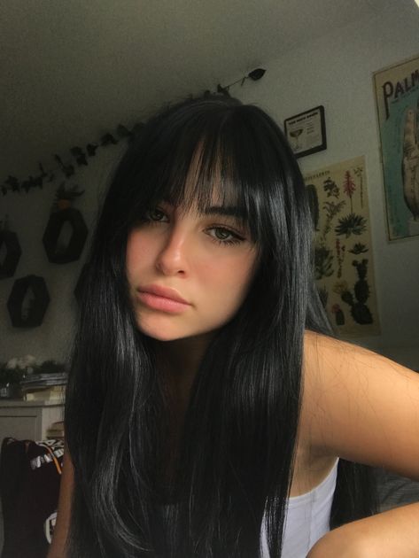 @isabel.reyn on instagram Fringe Bangs Dark Hair, Bangs With Black Long Hair, Straight Bangs Black Hair, Black Hair Fringe Bangs, Black Hair Long Bangs, Dark Black Hair Aesthetic, Black Hair With Fringe Bangs, Long Black Hair With Bangs Straight, Bangs With Dark Hair