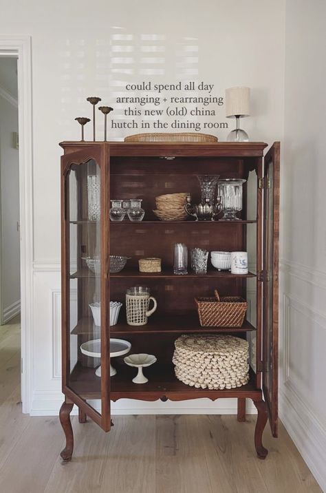 China Cabinet Aesthetic, Vintage Dining Room Aesthetic, Vintage Hutch Decorating Ideas, Hutch Styling Ideas, Witchy China Cabinet, Living Room Hutch Decorating Ideas, China Cabinet Ideas, Dining Room Hutch Decor, Cottagecore China Cabinet