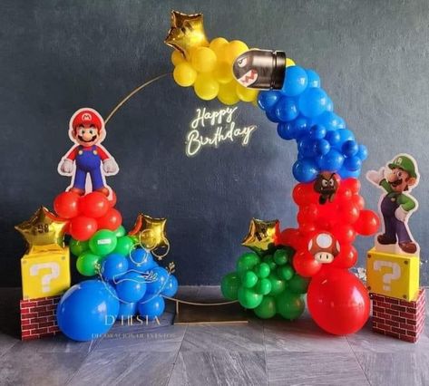 Mario’s Bros Birthday, Mario Bros Backdrop Party Ideas, Super Mario Backdrop With Balloons, Super Mario Bros Balloons, Mario Birthday Party Balloons, Mario Brothers Balloon Arch, Mario Birthday Party Decorations Simple, Simple Mario Birthday Party, Super Mario Bros Balloon Arch