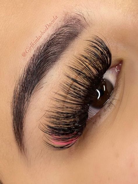 False Lashes With Color, Pop Of Color Eyelash Extensions, Pink False Lashes, Lashes With A Pop Of Color, Makeup With Colored Lashes, Individual Lashes With Color, Classic Lashes With Color, Eyelash Extensions Styles Color, Eyelashes With Pink