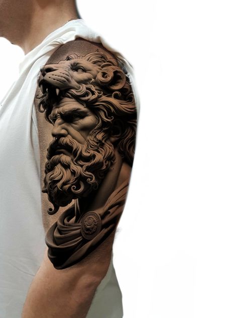 Hercules Statue Tattoo, Greek Sleeve Tattoo For Men, Hercules Tattoo Stencil, Greek God Tattoo Sleeve, Cover Up Arm Tattoo, Statue Tattoo Ideas, Hercules Tattoo Design, Achilles Tattoo, Angel Sleeve Tattoo