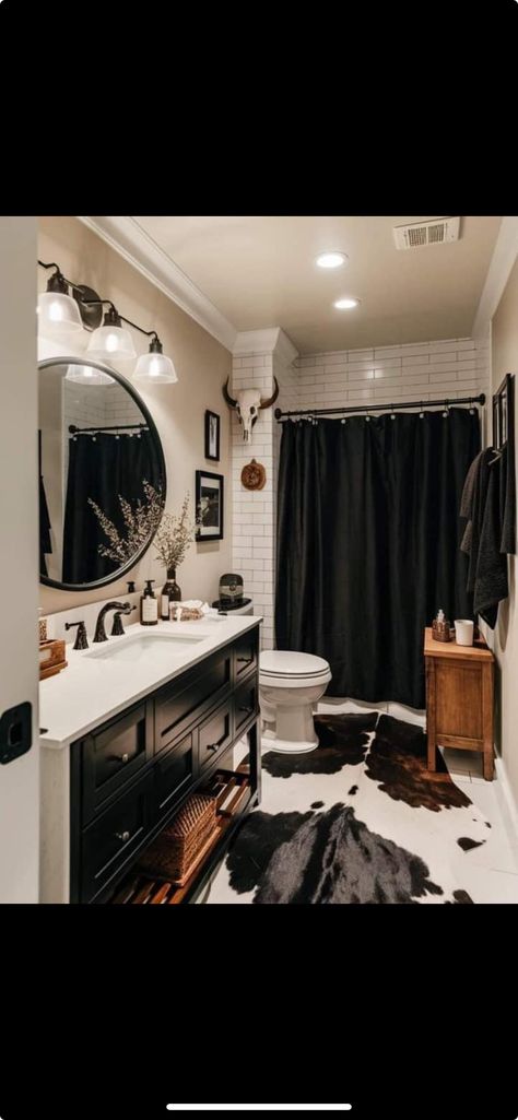 Rustic Western Farmhouse, Black Western Bathroom Ideas, Burnt Orange And Black Bathroom, Black And White Western Bathroom, Retro Cowboy Decor, Western Gothic Bathroom, Moody Farmhouse Bathroom, Cowhide Bathroom, Dark Grey Farmhouse