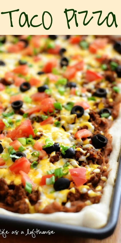 Taco Pizza Nacho Pizza Recipes, Different Pizza Ideas, Homemade Taco Pizza, Taco Pizza Recipe, Easy Taco Pizza, Taco Pizza Recipes, Pizza Taco, Taco Toppings, Seasoned Ground Beef