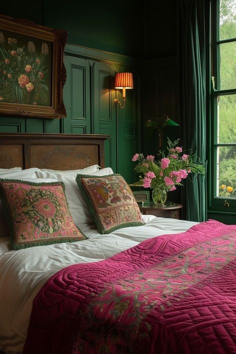 Berry Color Bedroom, Magenta Bedroom Decor, Sage And Salmon Bedroom, Dark Green And Pink Interior, Mauve And Green Bedroom Ideas, Jewel Green Bedroom, Dark Pink Walls Bedroom, Sage And Burgundy Bedroom, Dark Pink Bedding