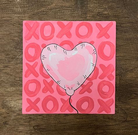 "a small 4\" x 4\" canvas painting of a heart balloon, perfect for valentine's or galentine's day!" Cool Canvas Painting Ideas Wall Decor, Barbie Inspired Painting, Cute Diy Paintings For Room, Cute But Easy Painting Ideas, Valentine Day Canvas Painting, Acrylic Painting Valentines Day, Cute And Simple Paintings, Mini Canvas Art Love, Love Painting Ideas Easy