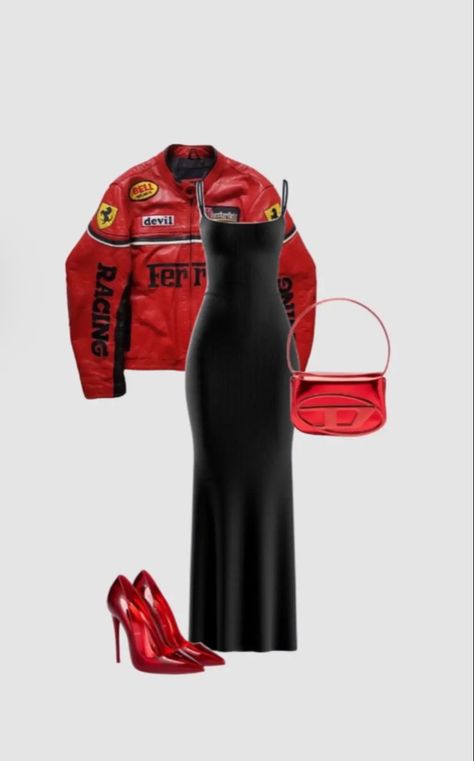 Ferrari Jacket Outfit, Racing Jacket Outfit, F1 Outfit, Fame Clothes, F1 Fashion, Ferrari Jacket, Race Outfit, Race Day Outfits, Jacket Outfit Women