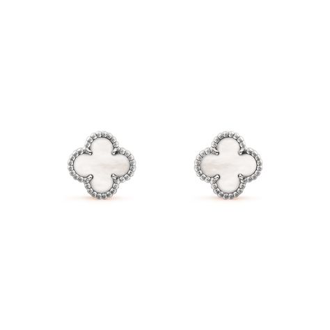 Sweet Alhambra earstuds, white gold, white mother-of-pearl. Van Cleef Earrings, Alhambra Pendant, Van Cleef And Arpels Jewelry, Van Cleef & Arpels, Jewelry Lookbook, Van Cleef Arpels, Van Cleef, Gold Jewellery Design, Jewelry Inspo