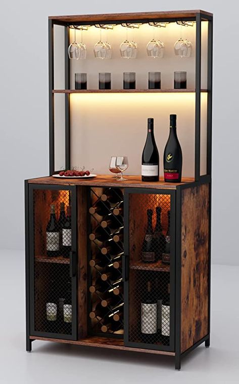 Loomie Wine Bar Cabinet with LED Lights, 5-Tier Industrial Coffee Bar, Buffet Sideboard with Adjustable Shelves, Kitchen Bar Table with Wine Rack Storage and Glass Slots for Liquor and Glasses,Rustic Wine Cabinet Ideas, Bar In Home, Coffee Bar Buffet, Industrial Coffee Bar, Whisky Room, Mini Bar Ideas, Coffee Corners, Bar Counter Design, Home Bar Cabinet