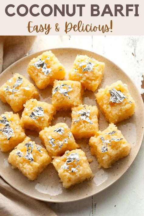 Here's a delightful coconut barfi recipe made with desiccated coconut, fresh milk, condensed milk, and ghee. This easy coconut sweet that resembles fudge is always a hit during the festive season, but who's to say you can't have it otherwise? Made with just four ingredients, it's an Indian mithai you can't do without! Coconut Mithai Recipe, Sweet Potato Dessert Recipes Easy, Potato Dessert Recipes, Sweet Potato Dessert Recipes, Coconut Barfi Recipe, Coconut Barfi, Dessert Recipes Healthy, Sheera Recipe, Indian Mithai