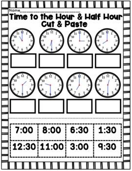 Learn to tell time to the hour and half hour with this cut and paste practice worksheet. #tellingtime #time #math Half Past The Hour Worksheets, Math Worksheets For Kids, Homeschool Binder, Telling Time To The Hour, Letters Worksheets, Fun Math Worksheets, Afrikaans Language, Math Practice Worksheets, Learn To Tell Time