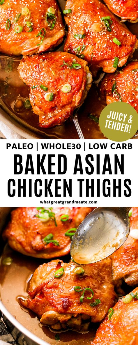 These juicy and tender oven baked Asian chicken thighs are paleo, Whole30, and soy free as well! They are easy to make and so flavorful, with a touch of natural sweetness from coconut aminos. #paleo #whole30 #lowcarb #chickenthighs #glutenfree #soyfree Whole30 Baked Chicken, Paleo Chicken Thighs, Paleo Baked Chicken, Asian Chicken Thighs, Paleo Chicken Recipes, Coconut Aminos, Chicken Thigh Recipes Oven, Chicken Thigh Recipes Crockpot, Asian Chicken