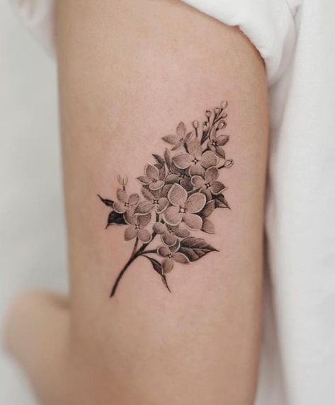 Lilac Tattoo Meanings - A Complete Guide White Flower Tattoo, Larkspur Tattoo, Lilac Tattoo, Water Lily Tattoos, Tattoo Meanings, Black And White Flower, Floral Tattoo Design, Rose Tattoo Design, Large Tattoos