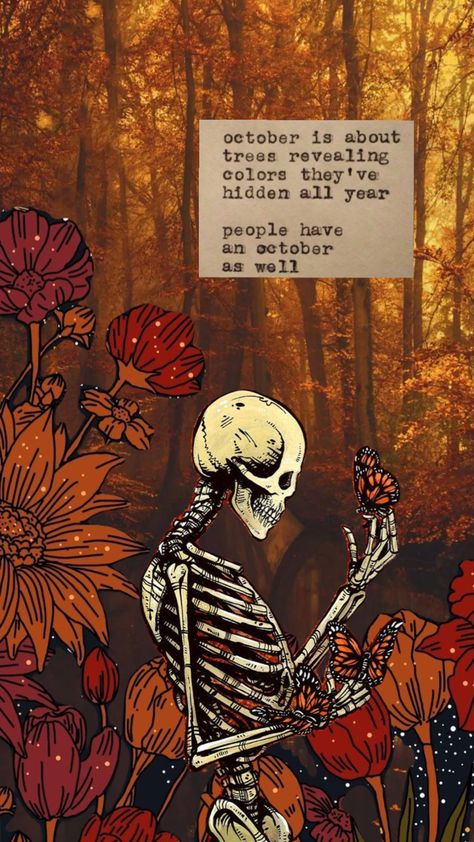 #fall #fallaesthetic #skeleton #halloween #halloweenaesthetic #october #octobervibes #shuffles #inspo #shufflesart #collageart #orange #orangeaesthetic #flowers Fall Skeleton Wallpaper, Halloween Aesthetic Quotes, Fall Backgrounds Aesthetic, Spoopy Skeleton, October Wallpapers, Orange Skeleton, Good Person Quotes, Fall Skeleton, October Girl