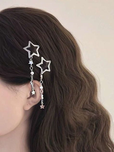 2pcs/pair Star Shaped Tassel Hair Clip With Chain & Side Hair Pin Accessory | SHEIN USA Gold Star Hair Accessories, Stars Hair Accessories, Silver Star Hair Accessories, Hair Pin One Side, Star Shaped Accessories, Star Accessories Hair, Cute Accessories For Hair, Star Accessories Y2k, Silver Star Accessories