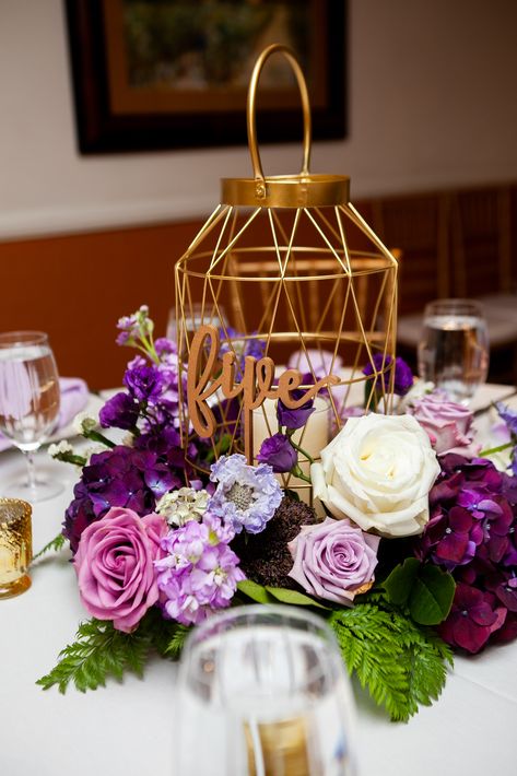 Purple And Gold Centerpieces, Gala Centerpieces, Wire Lantern, Outdoor Table Centerpieces, Purple Lantern, Gold Wedding Centerpieces, Purple Wedding Centerpieces, Purple Centerpieces, Hunting Wedding