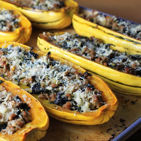 Stuffed Delicata Squash, Thyroid Healthy Foods, Delicata Squash Recipe, Paleo Pork, Black Lentils, Delicata Squash, Turkey Sausage, Paleo Dinner, Gf Recipes